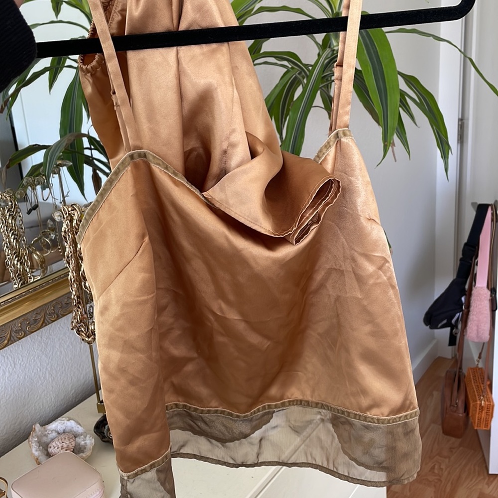 Vintage Victoria’s Heart Label Lingerie Top Short Set Satin Tan Velvet Chiffon M